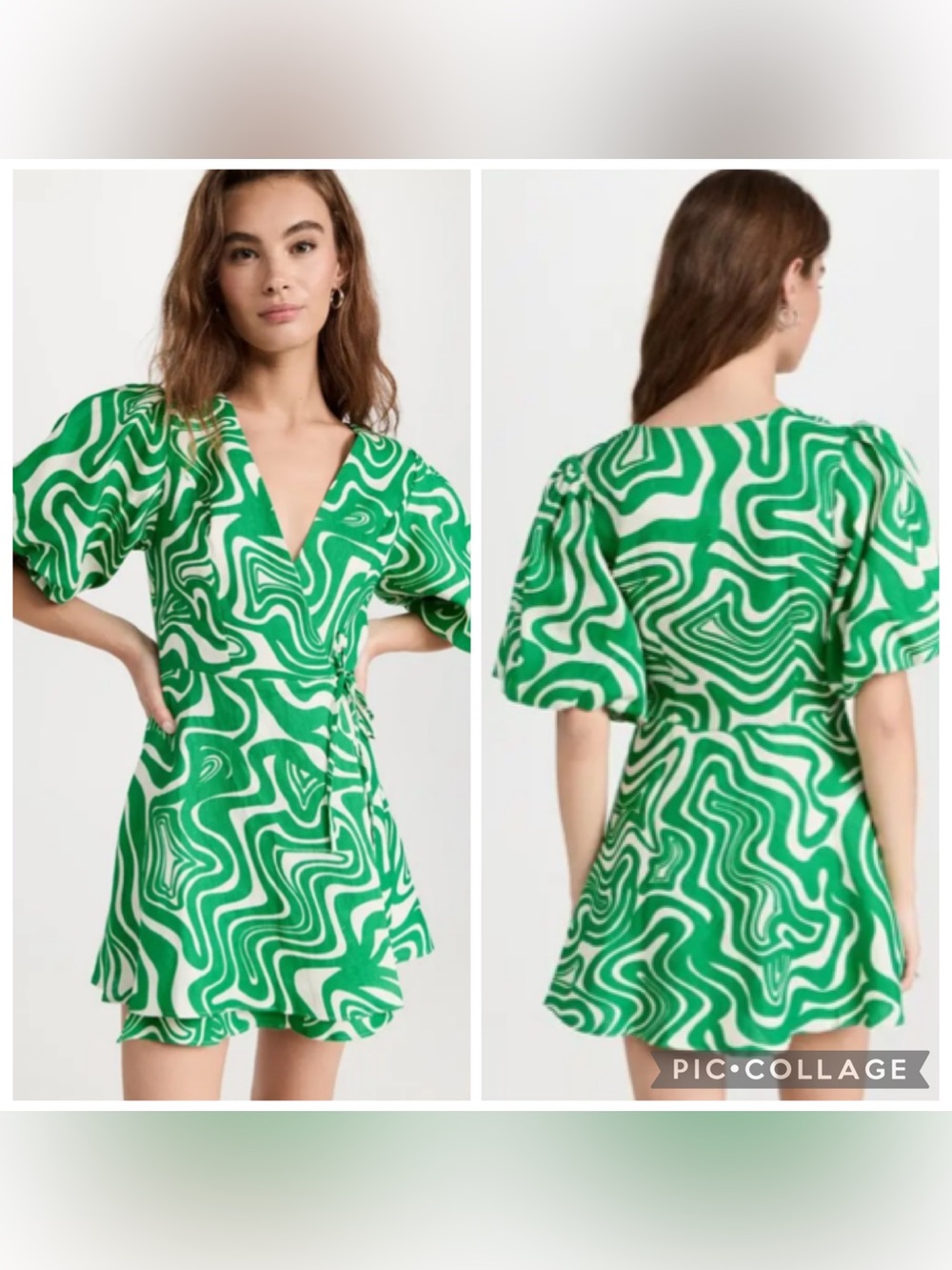 Hevron Manu Puff Sleeves Linen Wrap Dress in Green Marble Small